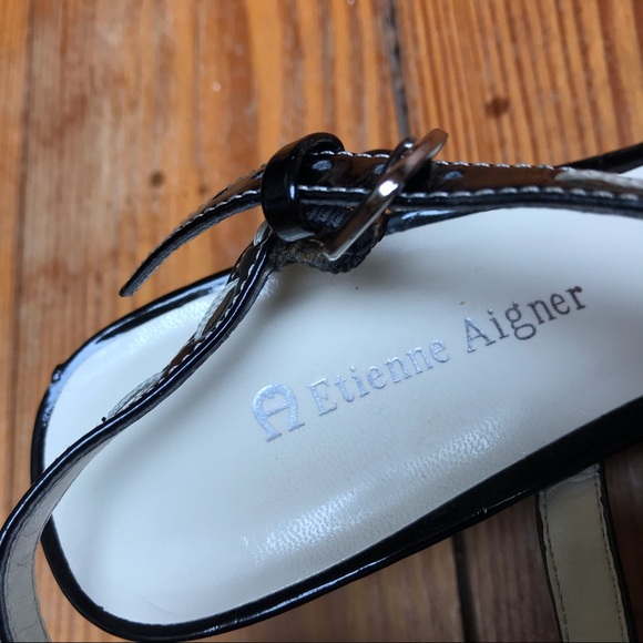 Etienne Aigner Black Patent Leather Wedge Sandals, EUC, 8 - Picture 4 of 16